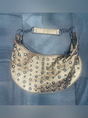 Vintage 90’s Y2K Gold Metallic Leather Bag with Silver Round Studs
